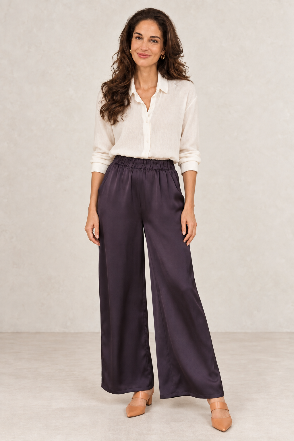 Lucca · pantalón satinado berenjena · frontal